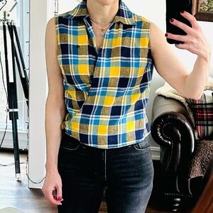 Ralph Lauren Blue and Yellow Linen Plaid Wrap Blouse S